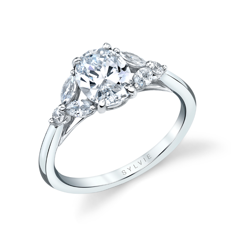 14K WHITE GOLD  SEMI MOUNT WITH .33CTTW SI/GH ROUND AND MARQUISE DIAMONDS  FOR A 1.50CT OVAL