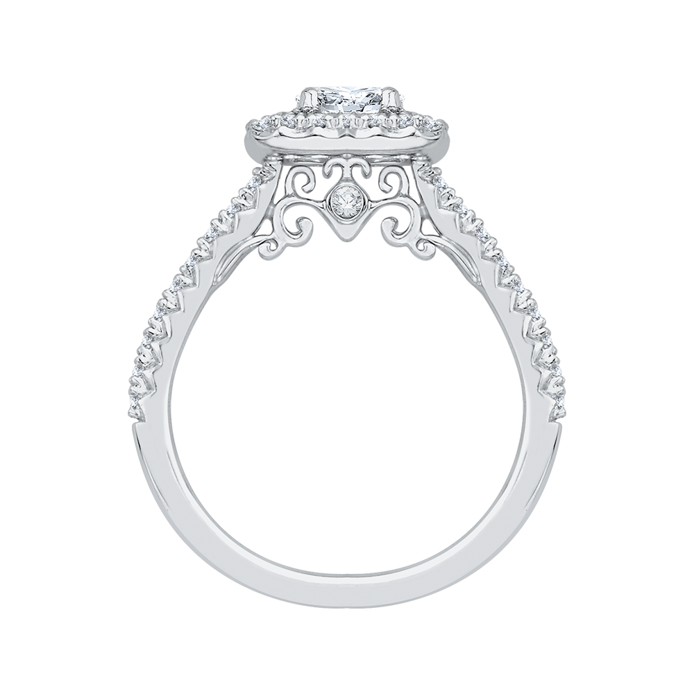 14K WHITE GOLD SEMI MOUNTING WITH .43CTTW ROUND SI CLARITY & G COLOR DIAMONDS SET DOWN THE SHANK. IN THE CUSHION HALO AND PEEK A BOO SET IN THE YELLOW SCROLL UNDER THE HEAD