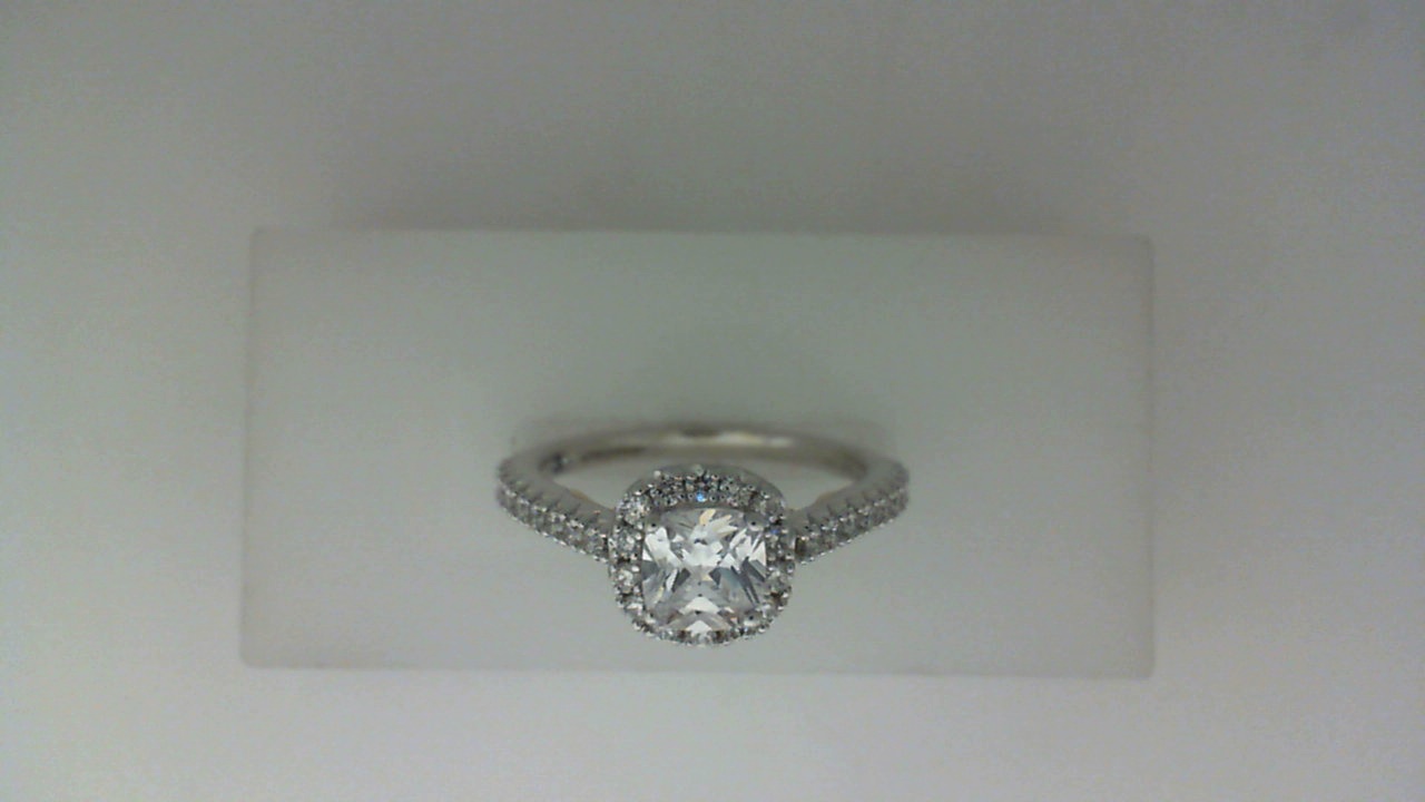 14K WHITE GOLD SEMI MOUNTING WITH .43CTTW ROUND SI CLARITY & G COLOR DIAMONDS SET DOWN THE SHANK. IN THE CUSHION HALO AND PEEK A BOO SET IN THE YELLOW SCROLL UNDER THE HEAD
