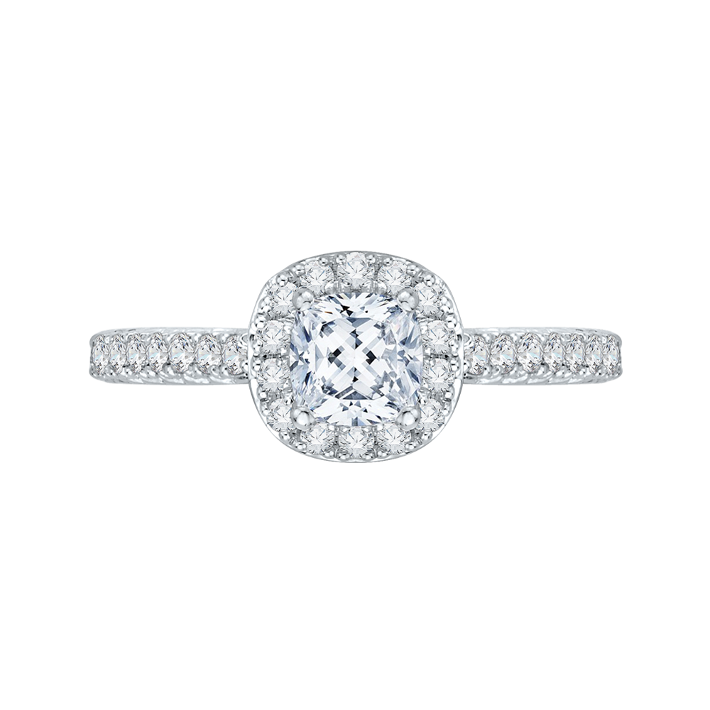 14K WHITE GOLD SEMI MOUNTING WITH .43CTTW ROUND SI CLARITY & G COLOR DIAMONDS SET DOWN THE SHANK. IN THE CUSHION HALO AND PEEK A BOO SET IN THE YELLOW SCROLL UNDER THE HEAD