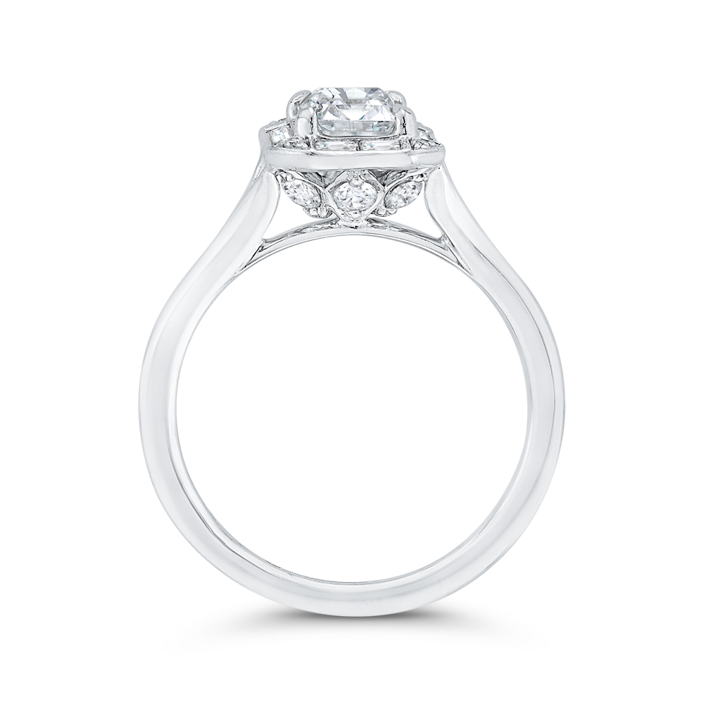 14K WHITE GOLD SEMI MOUNTING WITH .43CTTW ROUND AND BAGUETTE SI CLARITY & G COLOR IDAMONDS SET IN THE HALO AND IN THE LEAF DESIGN UNDER THE HEAD (FOR A 1CT EMERALD CENTER)