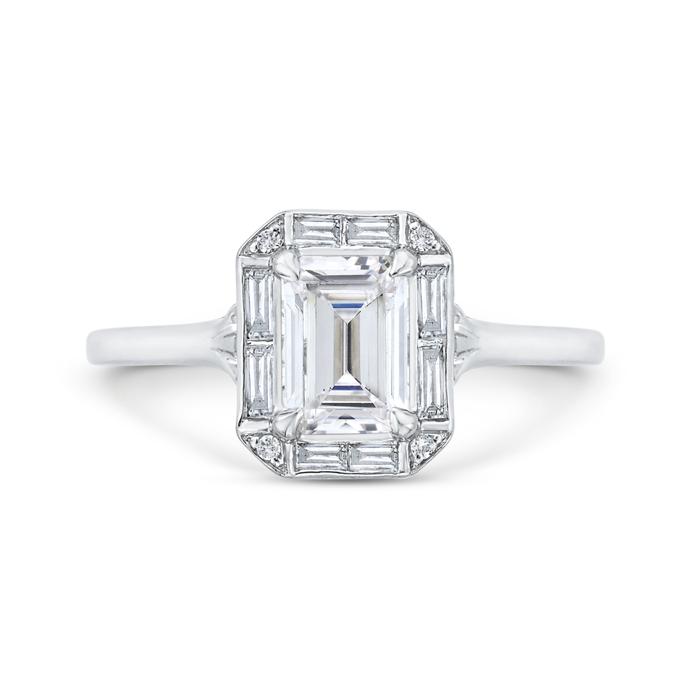 14K WHITE GOLD SEMI MOUNTING WITH .43CTTW ROUND AND BAGUETTE SI CLARITY & G COLOR IDAMONDS SET IN THE HALO AND IN THE LEAF DESIGN UNDER THE HEAD (FOR A 1CT EMERALD CENTER)