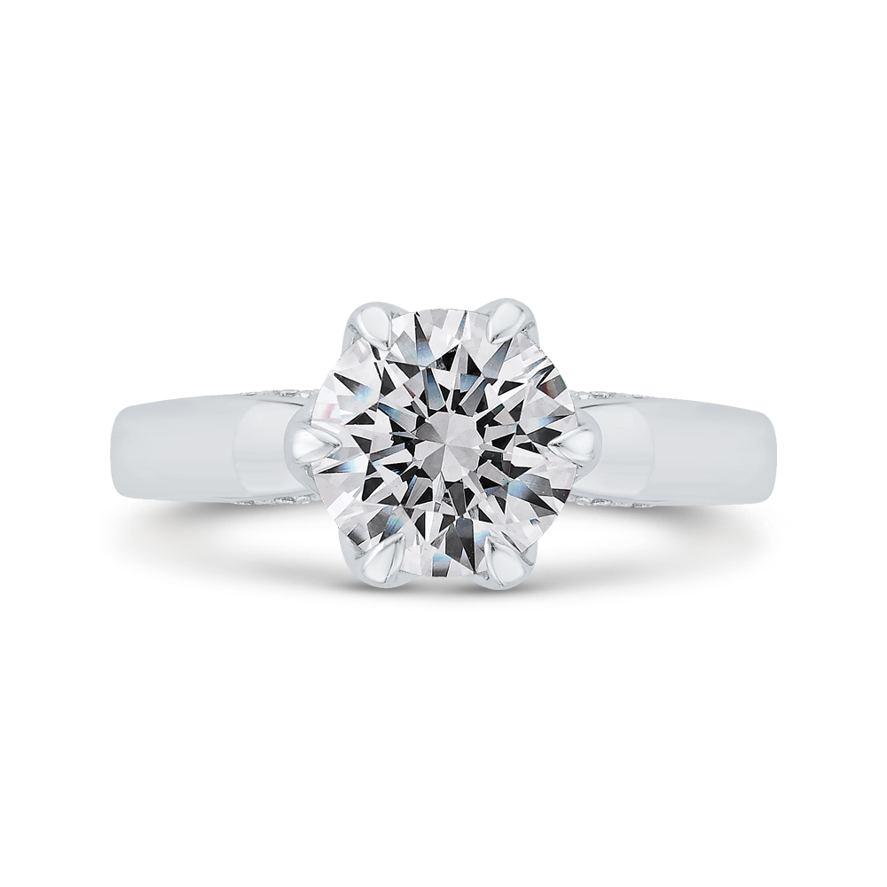 14K WHITE GOLD SEMI MOUNTING WITH .33CTTW ROUND SI CLARITY & G COLOR DIAMONDS SET ON THE SIDES OF THE POLISHED SHANK WITH SIX PRONG LEAF STYLE HEAD (FOR A 2 CT ROUND)