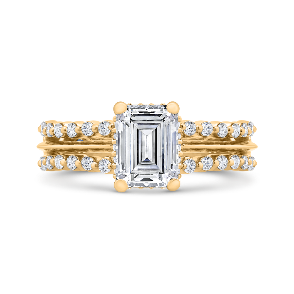 14K YELLOW GOLD SPLIT SHNAK SEMI MOUNTING WITH .54CTTW ROUND SI CLARITY & G COLOR DIAMONDS SET IN THE SPLIT SHANK AND HIDDEN HALO (FOR A 2 CT EMERALD CENTER)