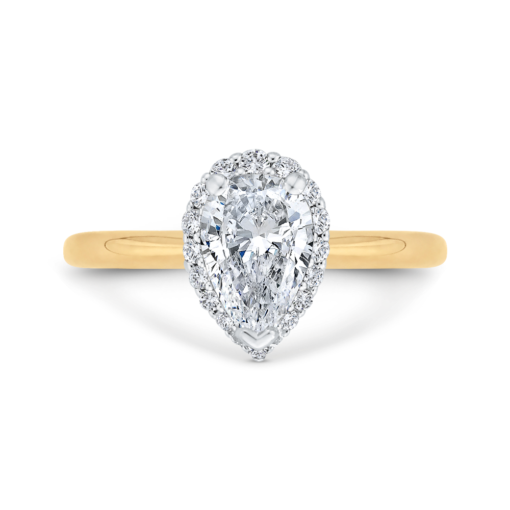 14K YELLOW GOLD POLISHED SHANK SEMI MOUNTING WITH .20CTTW ROUND SI CLARITY  & G COLOR DIAMONDS SET IN THE WHITE HOLD THREE PRONG PEAR SHANPED HALO (FOR A 2CT PEAR)