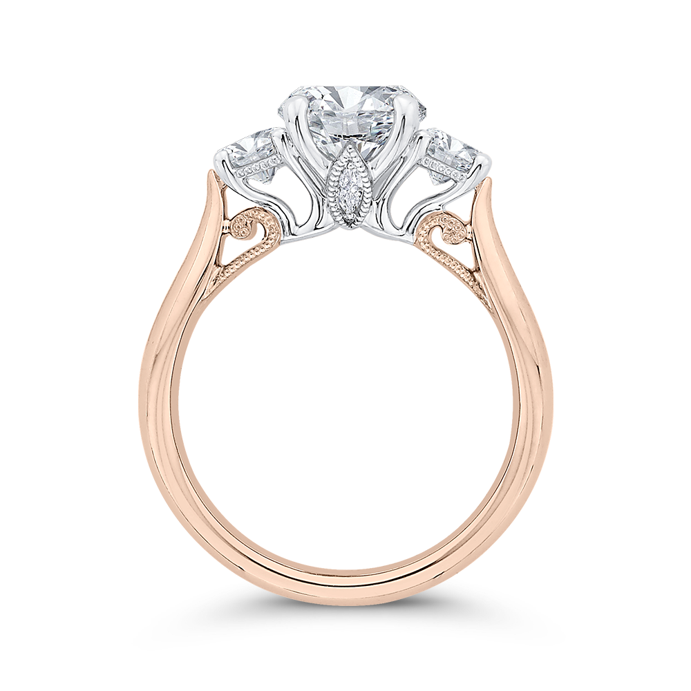 14K ROSE GOLD POLISHED SHANK SEMI MOUNTING WITH .55CTTW ROUND SIDE DIAMONDS AND MARQUISE SET IN THE 14K WHITE GOLD MILIGRAIN BEADED HEADS