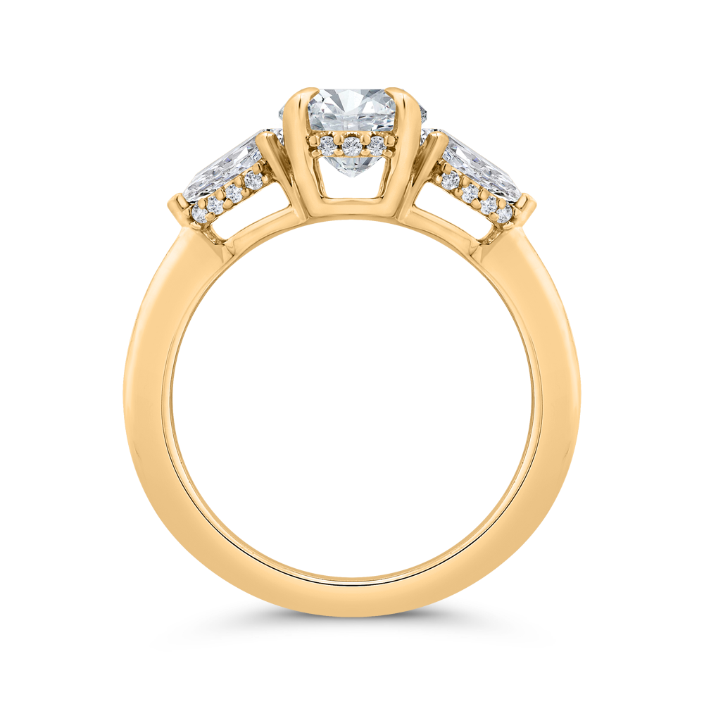 14K YELLOW GOLD THREE STONE SEMI MOUNTING WITH .78CTTW PEAR SHAPED SIDES AND ROUND SI CLARITY & G COLOR DIAMONDS SET IN THE HIDDEN HALOS (FOR A 1.50CT OVAL CENTER)