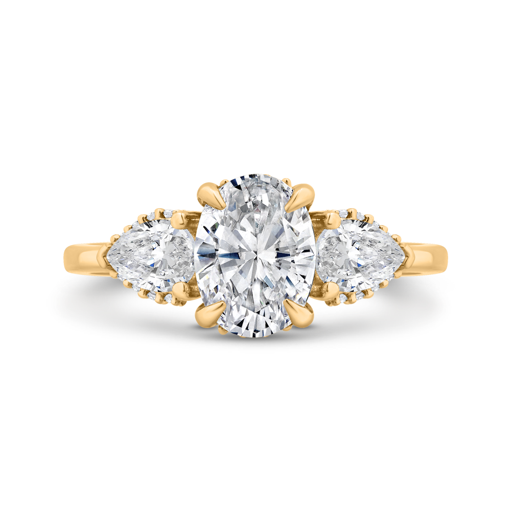 14K YELLOW GOLD THREE STONE SEMI MOUNTING WITH .78CTTW PEAR SHAPED SIDES AND ROUND SI CLARITY & G COLOR DIAMONDS SET IN THE HIDDEN HALOS (FOR A 1.50CT OVAL CENTER)