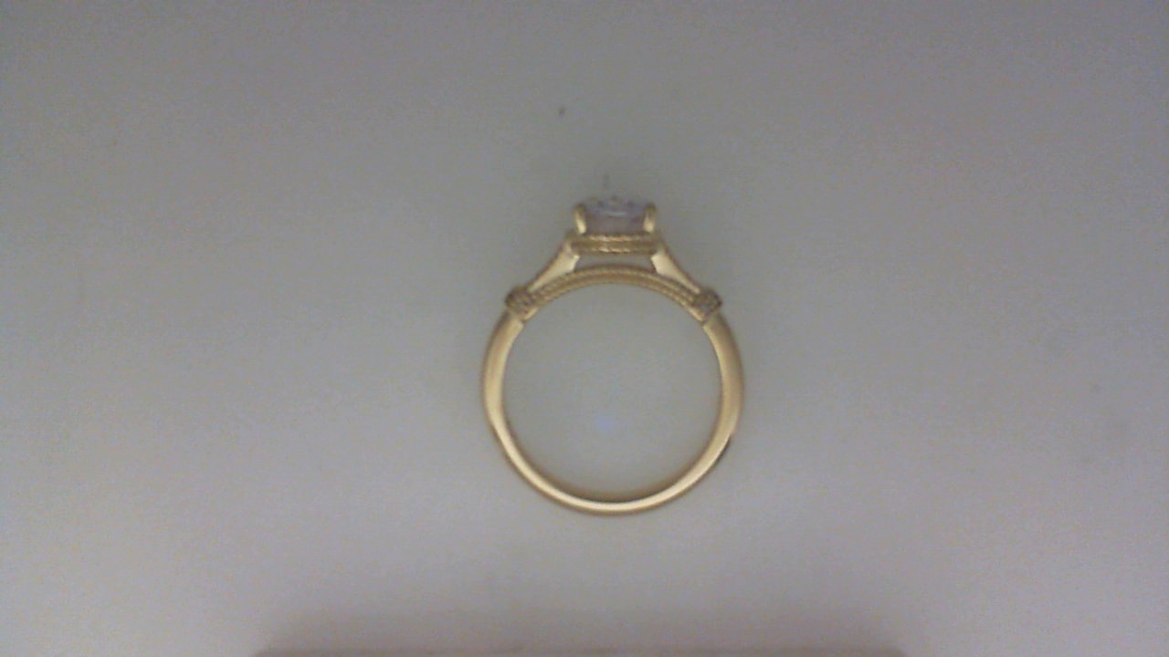 14K YELLOW GOLD FOUR PRONG SEMI MOUNTING WITH .09CTTW ROUND SI CLARITY & G COLOR DIAMONDS SET IN THE SHANK WITH BEADED HALO AND BRIDGE (FOR A 1.5CT OVAL CENTER)