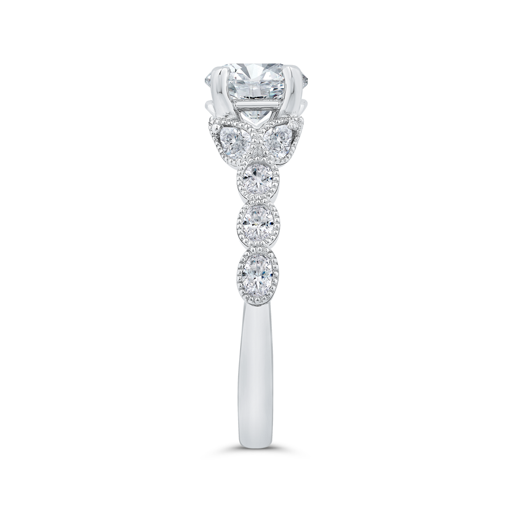 14K WHITE GOLD FOUR PRONG SEMI MOUNTING WITH .50CTTW OVAL SI CLARITY & G COLOR DIAMOND SET IN THE BEADED HALOS (FOR A 1CT ROUND)
