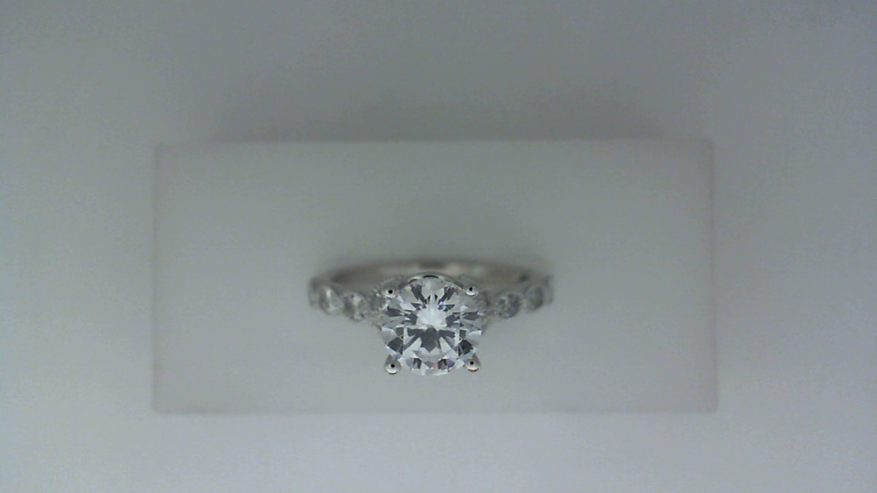14K WHITE GOLD FOUR PRONG SEMI MOUNTING WITH .50CTTW OVAL SI CLARITY & G COLOR DIAMOND SET IN THE BEADED HALOS (FOR A 1CT ROUND)