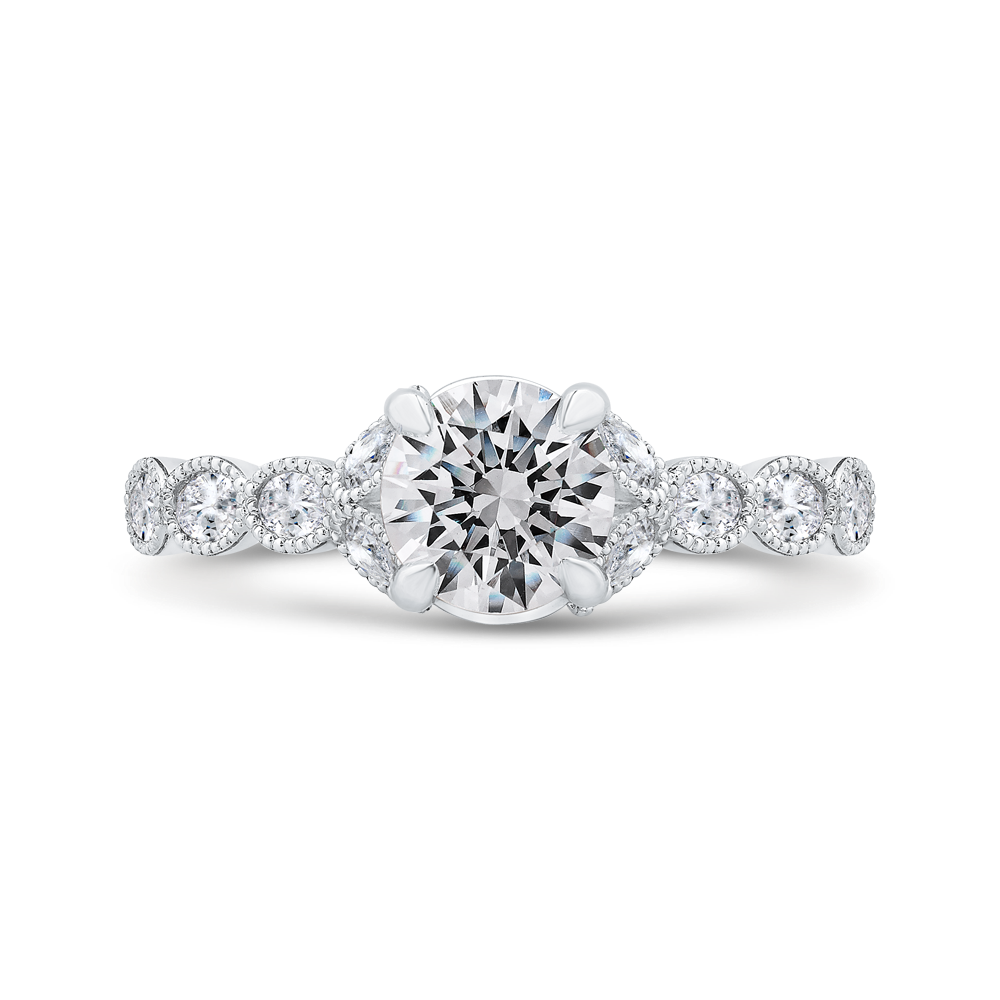 14K WHITE GOLD FOUR PRONG SEMI MOUNTING WITH .50CTTW OVAL SI CLARITY & G COLOR DIAMOND SET IN THE BEADED HALOS (FOR A 1CT ROUND)