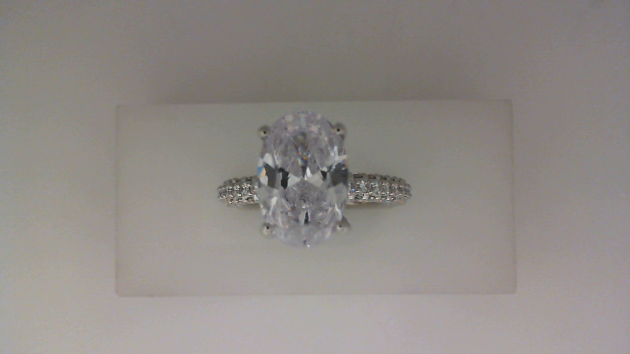 14K WHITE GOLD FOUR PRONG SEMI MOUNTING WITH 1.23CTTW ROUND SI CLARITY & G COLOR DIAMONDS SET ON ALL SIDES OF THE SHANK, HIDDEN HALO AND PRONGS ( FOR A 3CT OVAL)