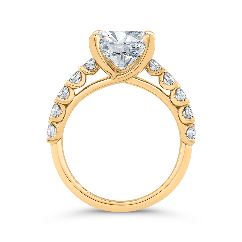 14K YELLOW GOLD FOUR PRONG TRELLIS HEAD SEMI MOUNTING WITH .63CTTW ROUND SI CLARITY & G COLOR DIAMONDS SET DOWN THE SHANK (FOR A 3CT EMERALD)