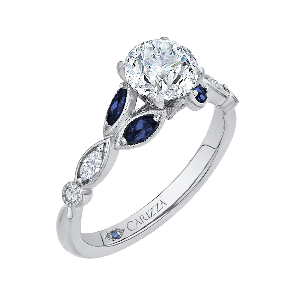 14K WHITE GOLD FOUR PRONG SEMI MOUNTING WITH .18CTTW ROUND AND MARQUISE SHAPED SI CLARITY & G COLOR DIAMONDS AND SAPPHIRES SET IN THE BEADED BEZEL SHANK AND UNDER THE HEAD