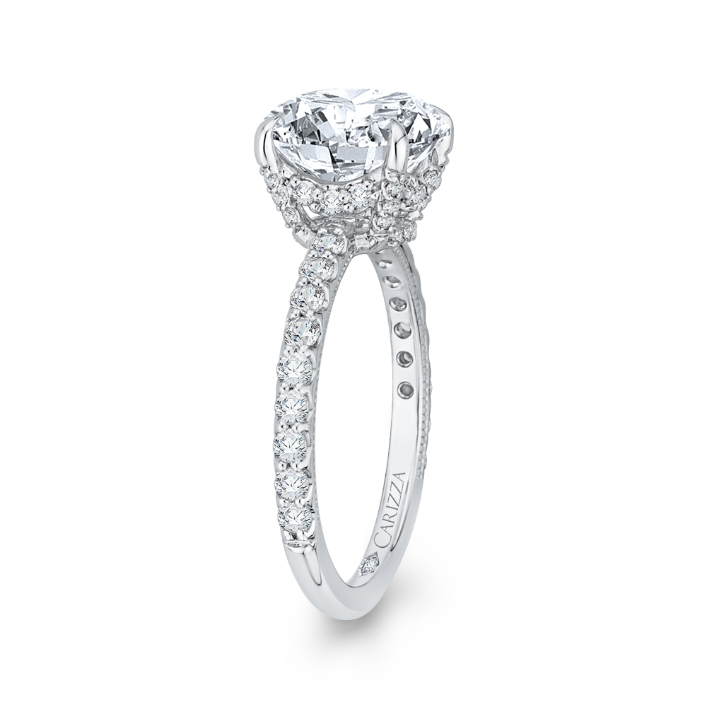14K WHITE GOLD FOUR PRONG SEMI MOUNTING WITH .57CTTW ROUND SI CLARITY & G COLOR DIAMONDS SET DOWN THE SHANK AND HEAD (FOR A ROUND)