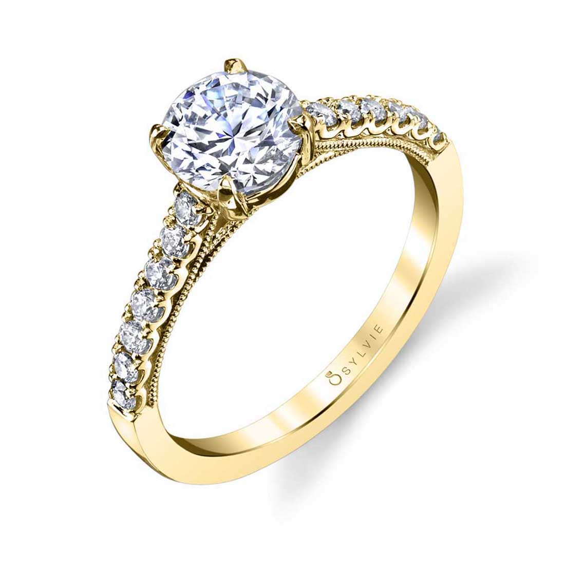 14K YELLOW GOLD SEMI MOUNTING WITH .23CTTW ROUND SI CLARITY & G COLOR DIAMONDS SET DOWN THE SHANK WITH MILGRAIN SCROLL