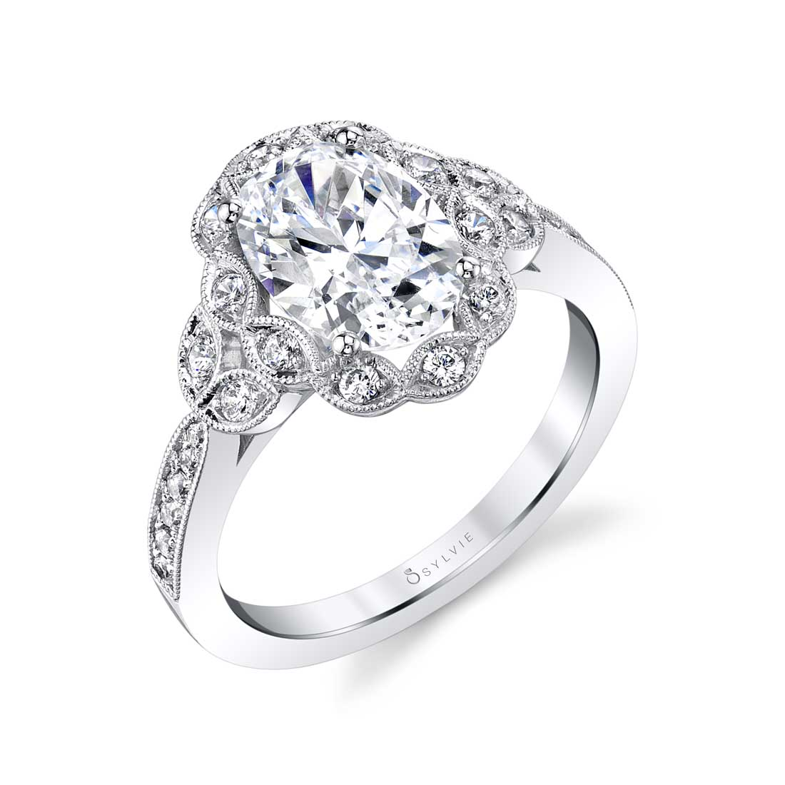 14K WHITE GOLD VINTAGE STYLE SEMI MOUTNING WITH .31CTTW ROUND SI CLARITY & G COLOR DIAMONDS SET IN THE BEADED FLORAL SIDES AND DOWN THE SHANK
