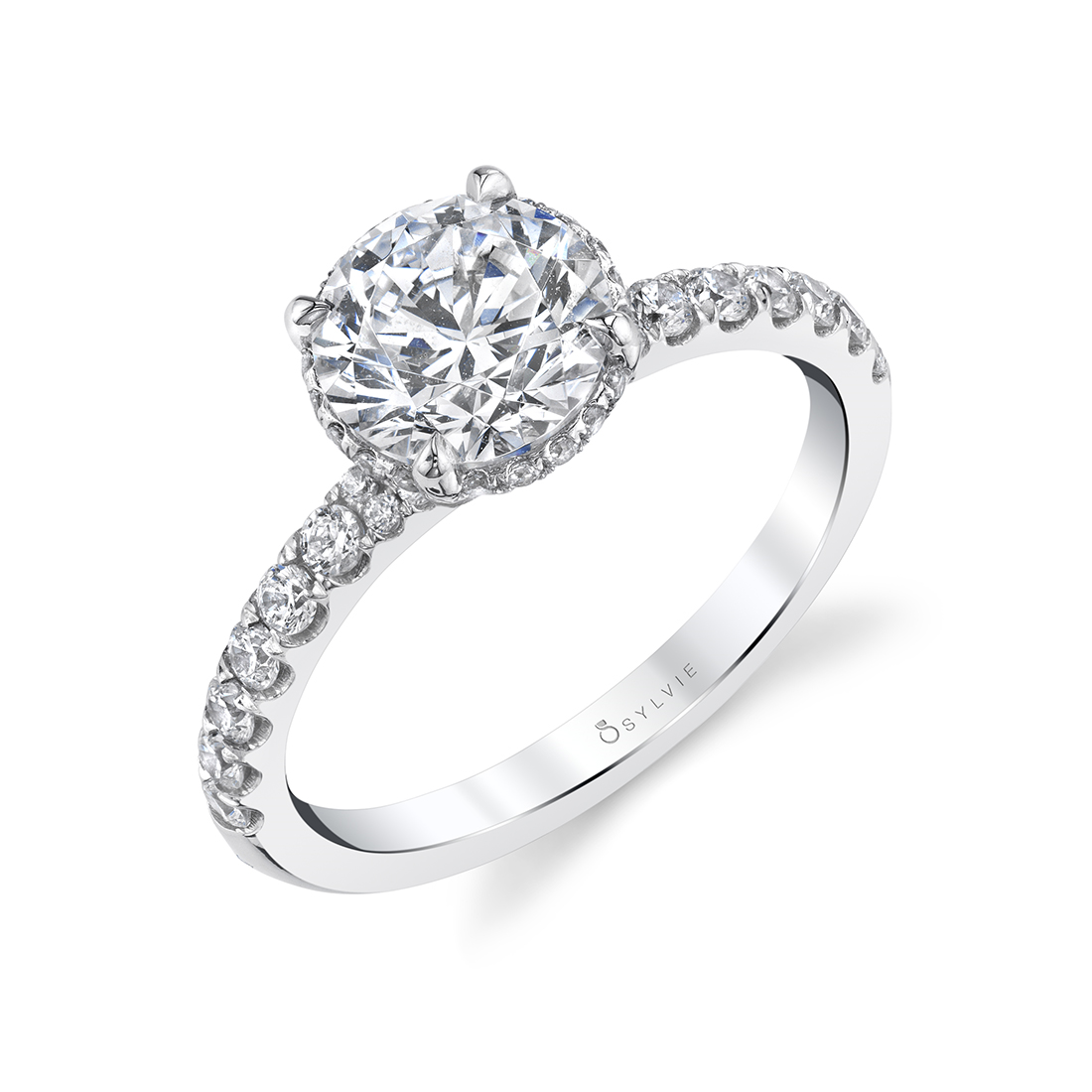 14K WHITE GOLD FOUR PRONG SEMI MOUNTING WITH .41CTTW ROUND SI CLARITY & G COLOR DIAMONDS SET DOWN THE SHANK AND IN THE SIDE HALO