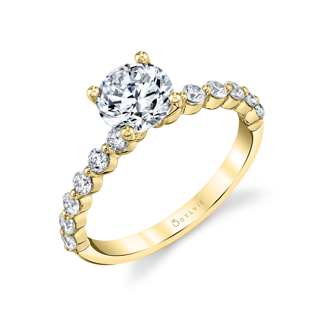 14K YELLOW GOLD FOUR PRONG ONE PRONG SEMI MOUNTING WITH .38CTTW ROUND SI CLARITY & G COLOR DIAMONDS SET DOWN THE SHANK