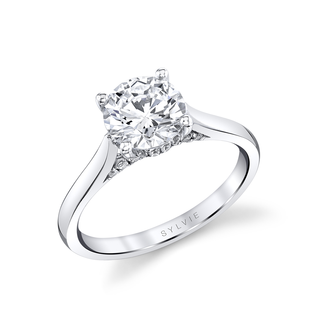 14K WHITE GOLD FOUR PRONG POLISHED SHANK SEMI MOUNTING WITH .15CTTW ROUND SI CLARITY & G COLOR DIAMONDS SET ON THE SIDE OF THE BRIDGE AND HALO