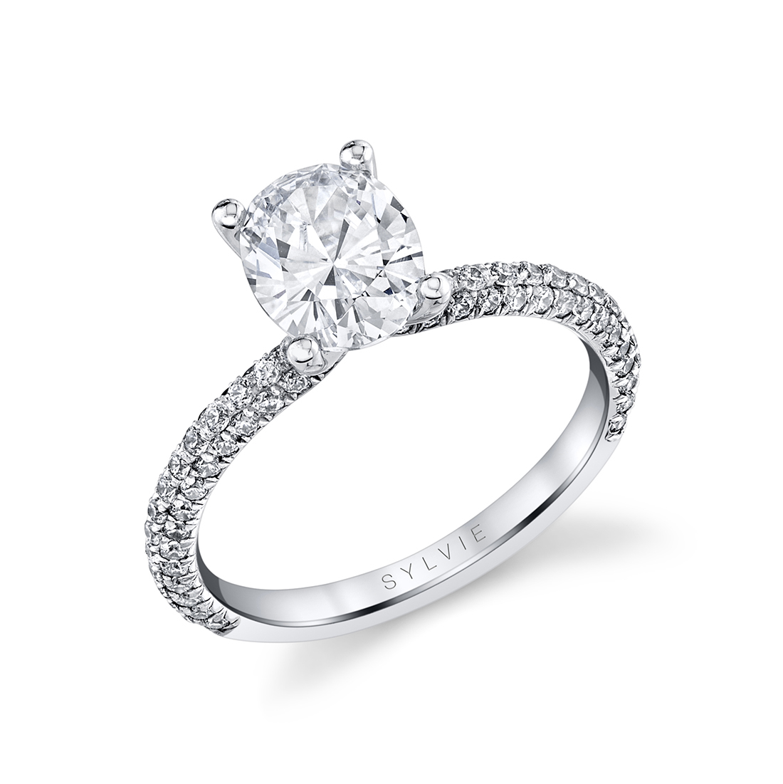 14K WHITE GOLD FOUR PRONG SEMI MOUNTING WITH .50CTTW ROUND SI CLARITY & G COLOR DIAMONDS SET ON THE THREE SIDES OF THE SHANK