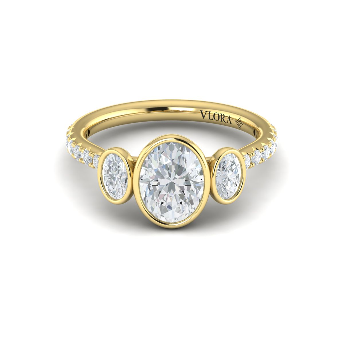 14K YELLOW GOLD THREE STONE BEZEL SEMI MOUNTING WITH .76CTTW VS CLARITY & FG COLOR OVAL BEZEL SET SIDE DIAMOND AND ROUNDS SET DOWN THE SHANK (1.5CT OVAL CENTER)