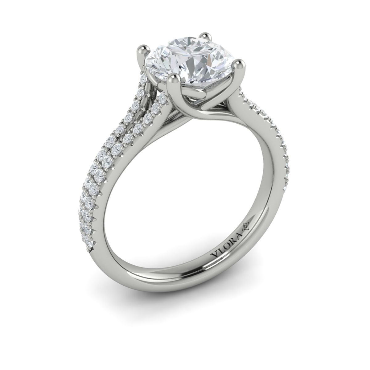 14K WHITE GOLD FOUR PRONG TRELLIS HEAD SEMI MOUNTING WITH .35CTTW ROUND VS CLARITY & FG COLOR DIAMONDS SET IN THE SPLIT SHANK (1.5CT ROUND CENTER)