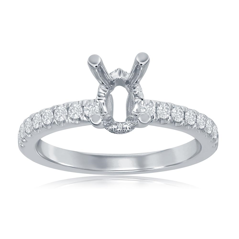 14K WHITE GOLD FOUR PRONG OVAL SEMI MOUNTING WITH (32) .32CTTW ROUND SI CLARITY & G COLOR DIAMONDS PRONG SET DOWN THE SHANK AND UNDER THE HEAD