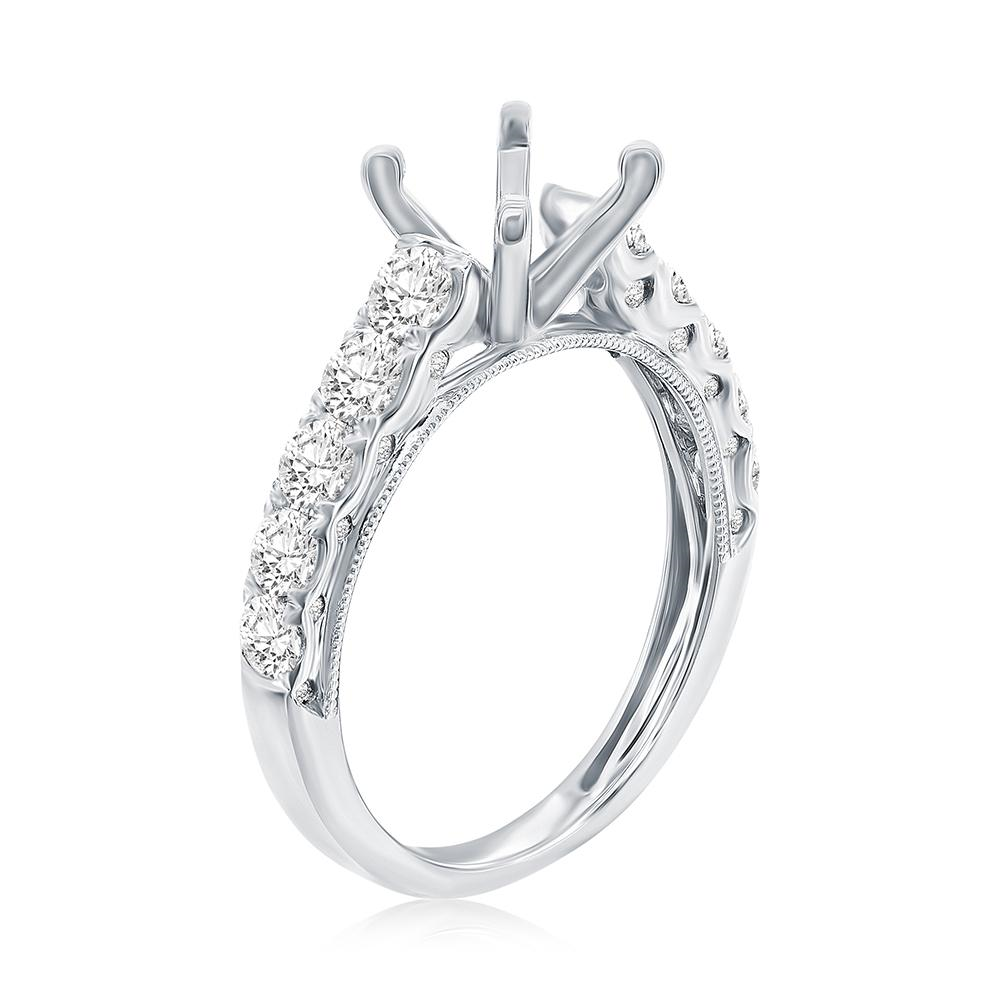 14K WHITE GOLD FOUR PRONG ROUND SEMI MOUNTING WITH (30) .89CTTW ROUND SI CLARITY & G COLOR DIAMONDS SET DOWN THE SHANK AND SET IN THE MILGRAIN SIDES