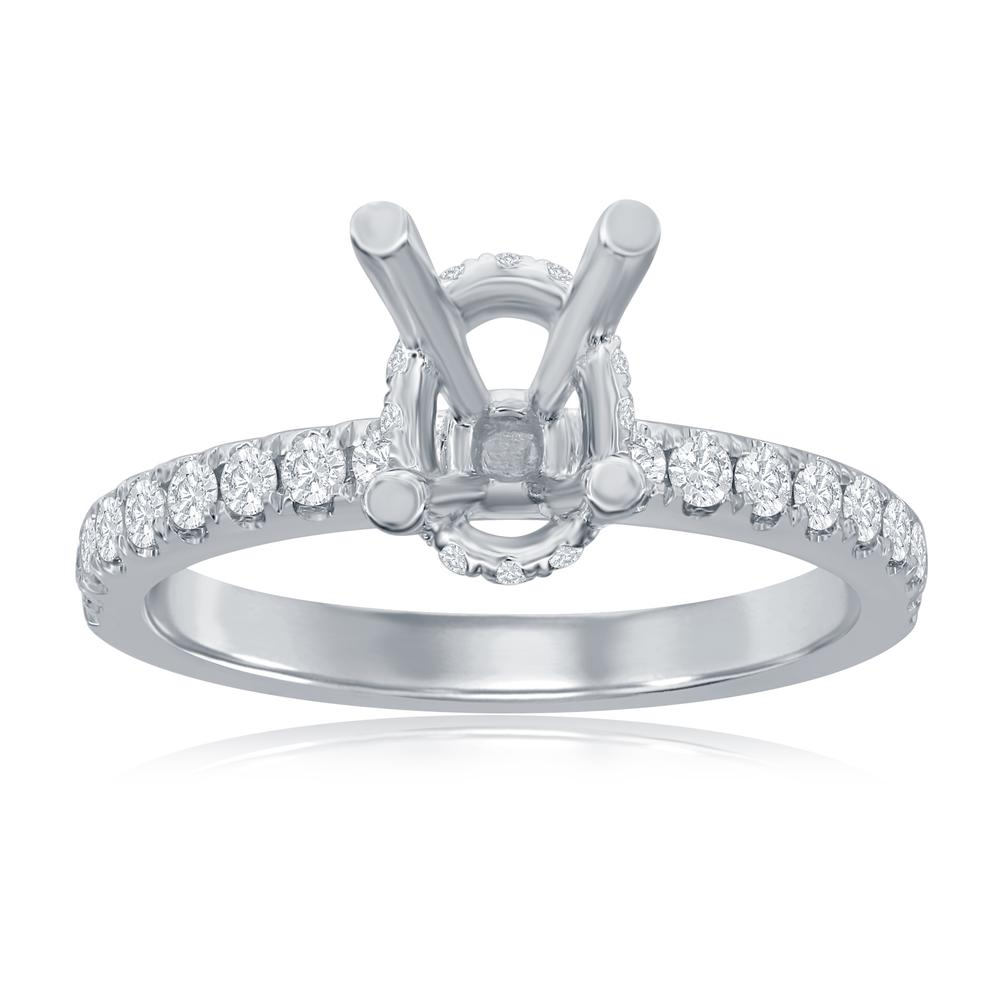 14K WHITE GOLD FOUR PRONG OVAL SEMI MOUNTING WITH (32) .39CTTW ROUND SI CLARITY & G COLOR DIAMONDS SET DOWN THE SHANK AND IN THE HIDDEN HALO