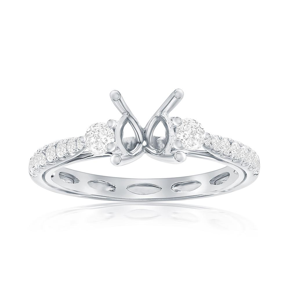 14K WHITE GOLD FOUR PRONG ROUND HEAD THREE STONE SEMI MOUNTING WITH (16) .36CTTW ROUND SI CLARITY & G COLOR DIAMONDS SET DOWN THE SHANK