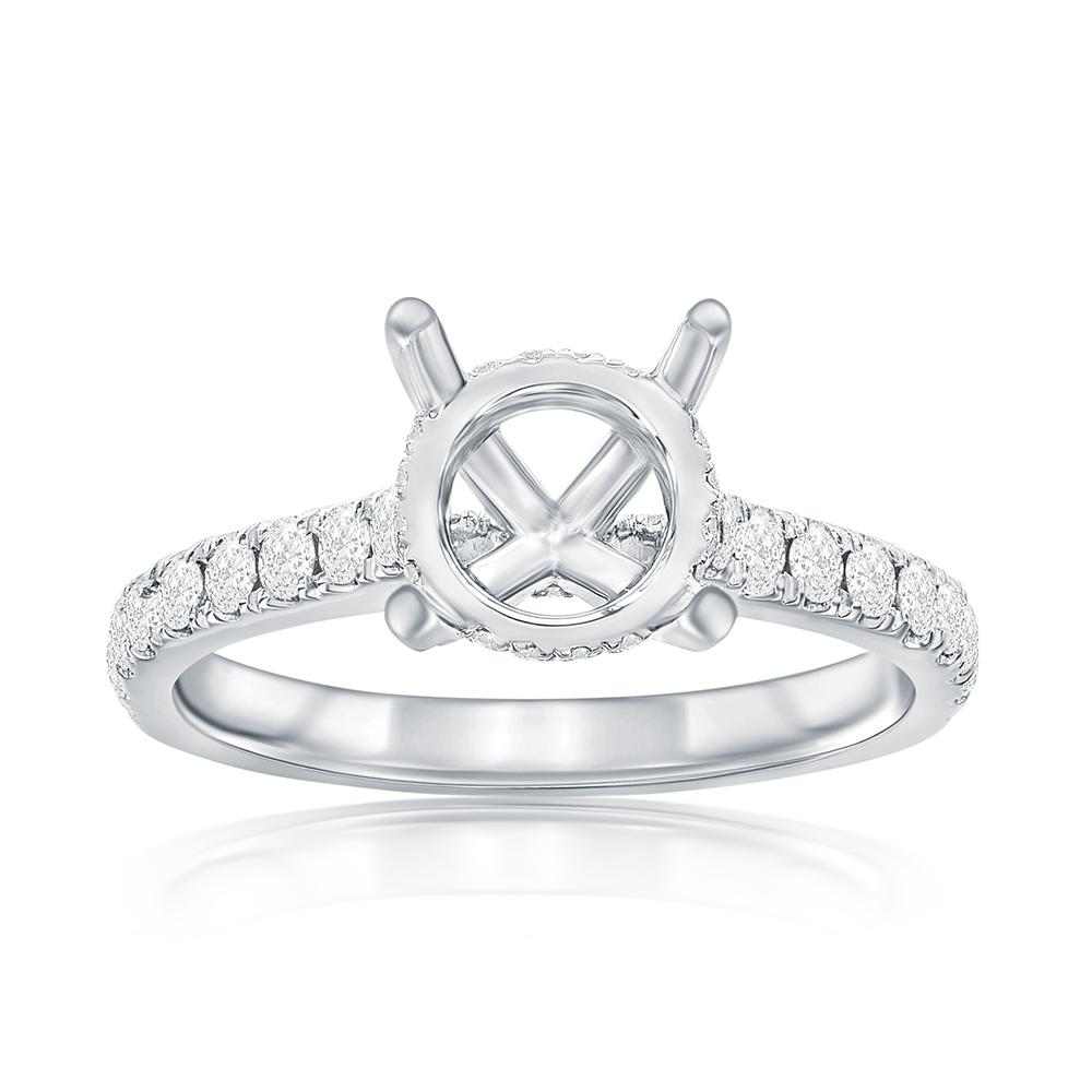 14K WHITE GOLD FOUR PRONG ROUND SEMI MOUNTING WITH (64) .52CTTW ROUND SI CLARITY & G COLOR DIAMONDS SET DOWN THE SHANK, BRIDGE AND HIDDEN HALO