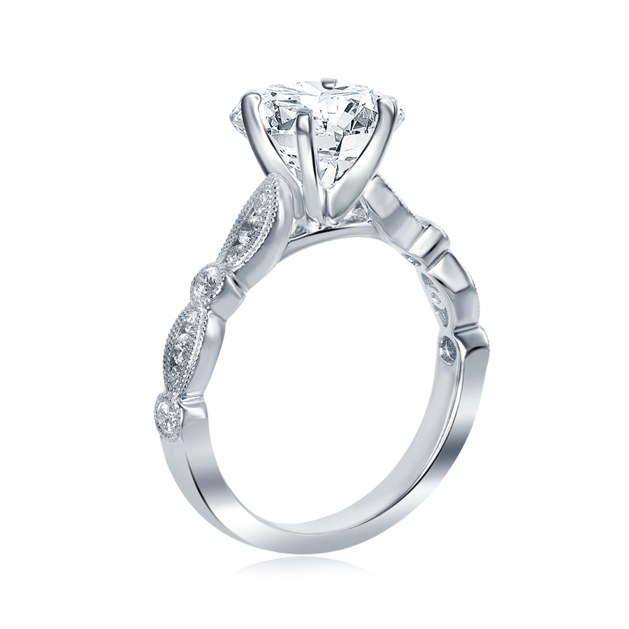 14K WHITE GOLD FOUR PRONG ROUND SEMI MOUNTING WITH (16) .27CTTW ROUND SI CLARITY & G COLOR DIAMONDS SET DOWN THE SCALLOPED MILGRAIN SHANK