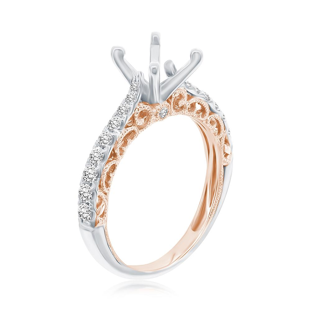 14K WHITE AND ROSE GOLD ROUND FOUR PRONG SEMI MOUNTING WITH (20) .36CTTW ROUND SI CLARITY & G COLOR DIAMONDS SET DOWN THE WHITE GOLD SHANK AND UNDER THE ROSE GOLD FILIGREE SIDES