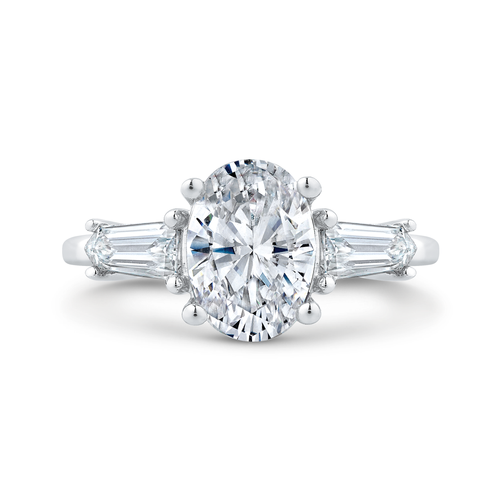 14K WHITE GOLD THREE STONE SEMI MOUNTING WITH .60CTTW SI CLARITY & GH COLOR SIDE BAGUETTES (FOR A 2CT OVAL CENTER)