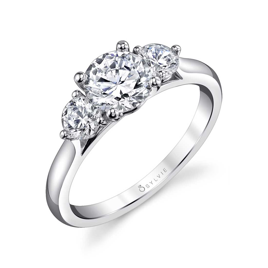 14K WHITE GOLD ROUND CUT THREE STONE ENGAGEMENT RING WITH .47CTTW ROUND SI CLARITY & G COLOR SIDE DIAMONDS - MARCELLA