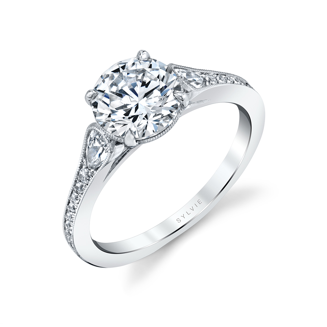 14K WHITE GOLD SEMI MOUNTING WITH .32CTTW ROUND SI CLARITY & G COLOR DIAMONDS SET DOWN THE TAPERED MILIGRAIN SHANK (FOR A 1.5CT ROUND CENTER)