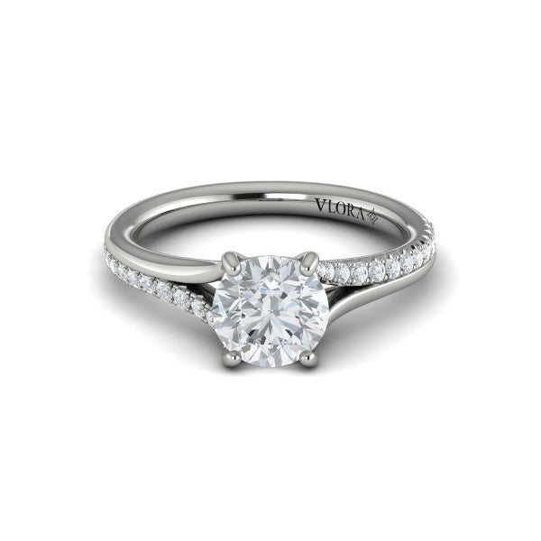 14K WHITE GOLD SPLIT SHANK SEMI MOUNTING WITH .22CTTW ROUND SI CLARITY & G COLOR DIAMONDS SET DOWN ONE SIDE FOR A 2CT OVAL CENTER FINGER SIZE 4.25