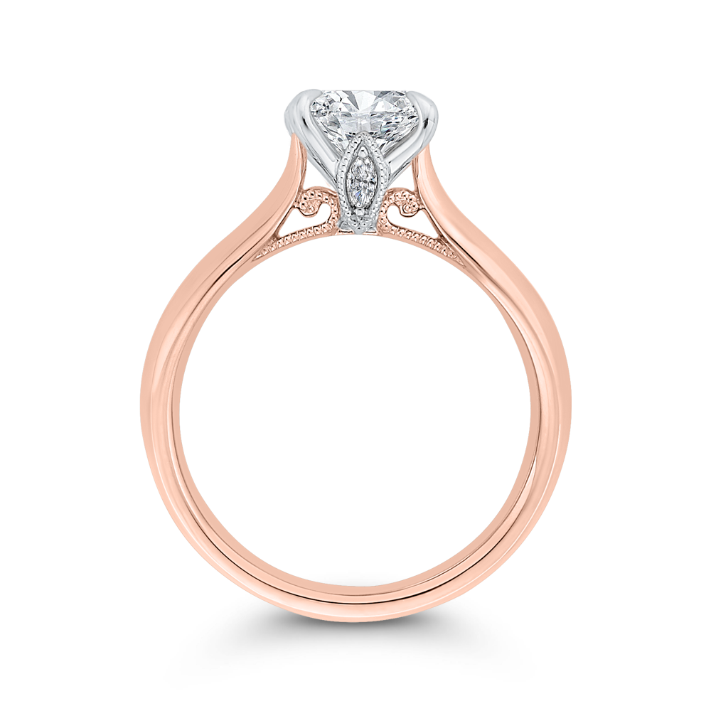 14K YELLOW GOLD POLISHED SHANK SEMI MOUNTING WITH A FOUR PRONG WHITE GOLD HEAD WITH .06CTTW SI CLARITY AND G COLOR MARQUISE DIAMONDS SET UNDER THE HEAD (FOR A 2CT ROUND)