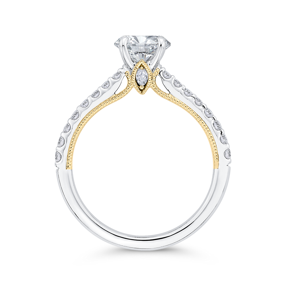 14K WHITE GOLD SIX PRONG SEMI MOUNTING WITH .36CTTW ROUND SI CLARITY & G COLOR DIAMONDS SET DOWN THE SHANK AND MARQUISE SET UNDER THE HEAD WITH 14K YELLOW GOLD BEADING (FOR A 2CT MARQUISE)