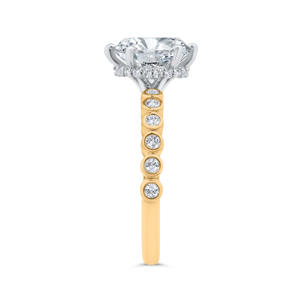 14K FIVE PRONG SEMI MOUNTING WITH .26CTTW BEZEL SET ROUND SI CLARITY & G COLOR DIAMONDS DOWN THE SHANK AND IN THE HIDDEN HALO (FOR A 2CT PEAR)