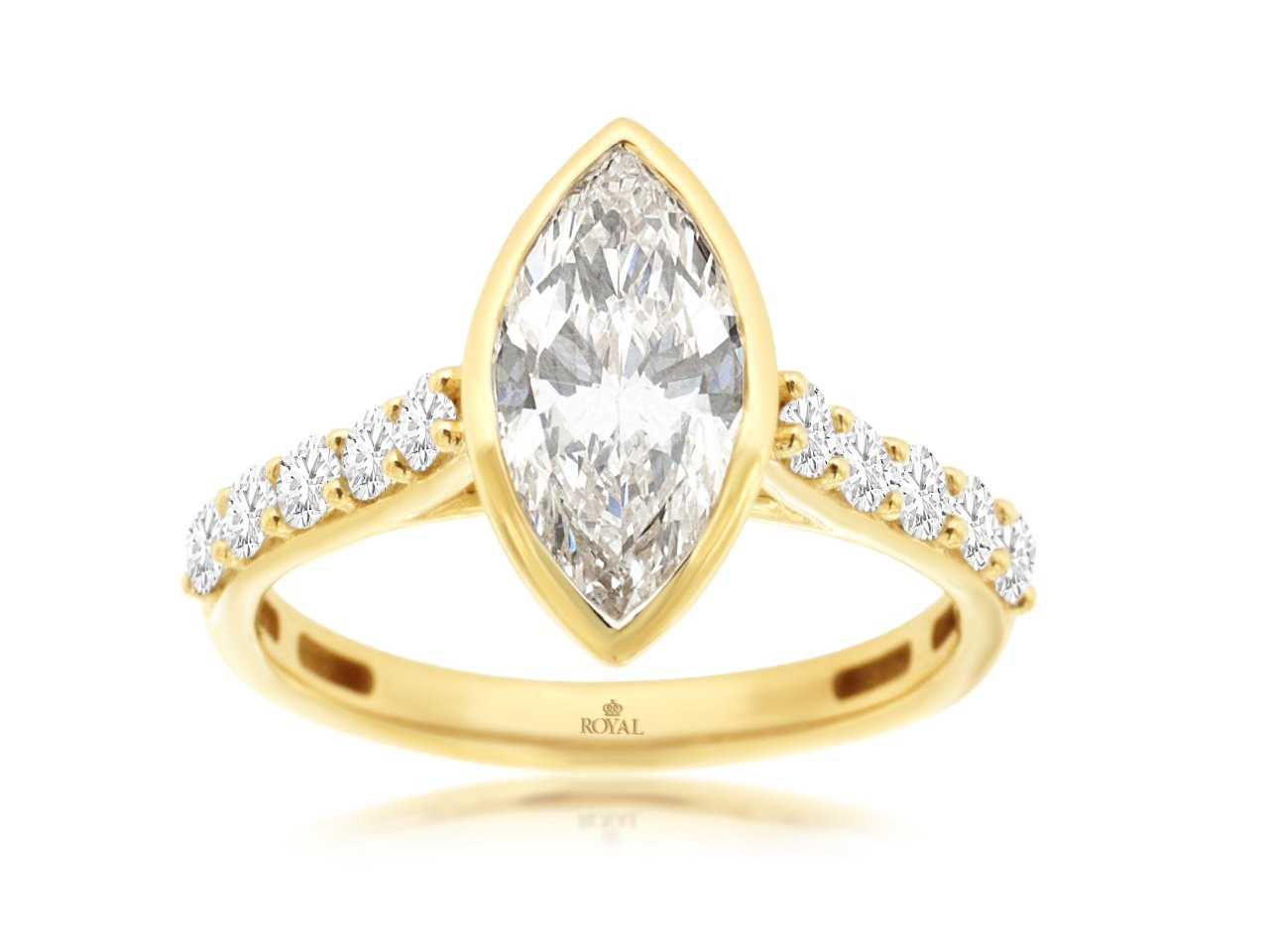 LABORATORY GROWN 14K YELLOW GOLD 1.50CT SI CLARITY & HI COLOR BEZEL SET MARQUISE LABORATORY GROWN CENTER AND .50CTTW ROUNDS SET DOWN THE SHANK *THERE IS NO TRADE IN VLAUE ON LABORATORY GROWN DIAMONDS *NON RETURNABLE