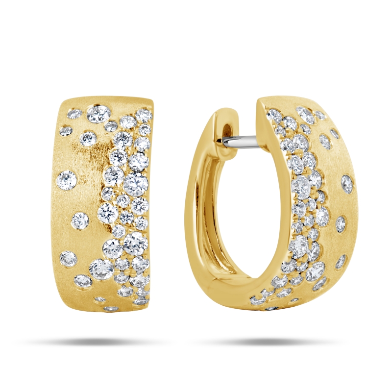 14K YELLOW GOLD CONFETTI SATIN FINISH SMALL HOOP EARRINGS WITH .66CTTW ROUND SI CLARITY & GH COLOR DIAMONDS