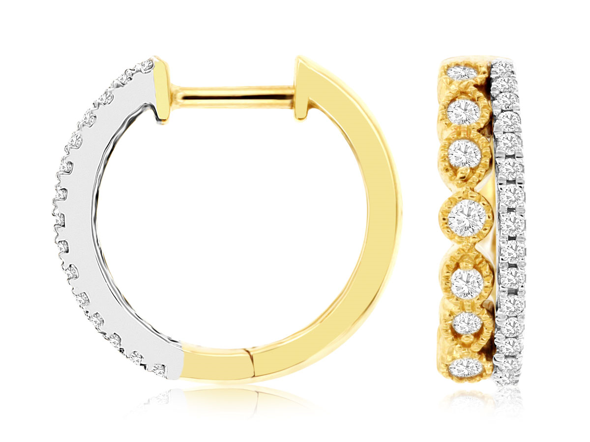 14K WHITE STRAINGHT AND YELLOW GOLD BEADED DOUBLE HOOP 15MM EARRINGS WITH .35CTTW ROUND I1 CALRITY & HI COLOR DIAMONDS