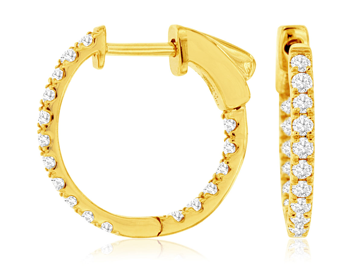 14K YELLOW GOLD ROUND INSIDE/OUTSIDE .50CTTW ROUND I1 CLARITY & HI COLOR DIAMOND HOOP EARRINGS WITH LOCKING BACKS (16MM)