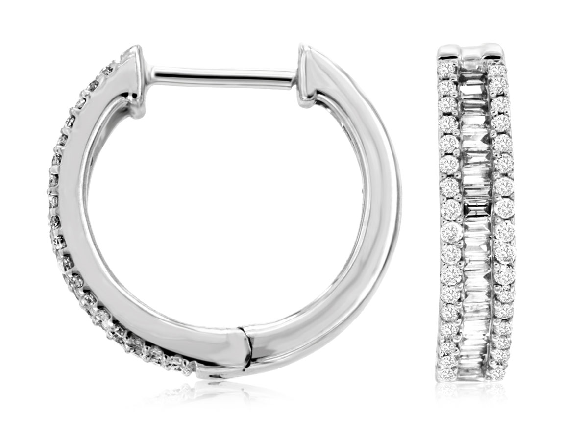 14K WHITE GOLD 15MM HOOP EARRING SWITH.38CTTW ROUND AND BAGUETTE I1 CLARITY & HI COLOR DIAMONDS