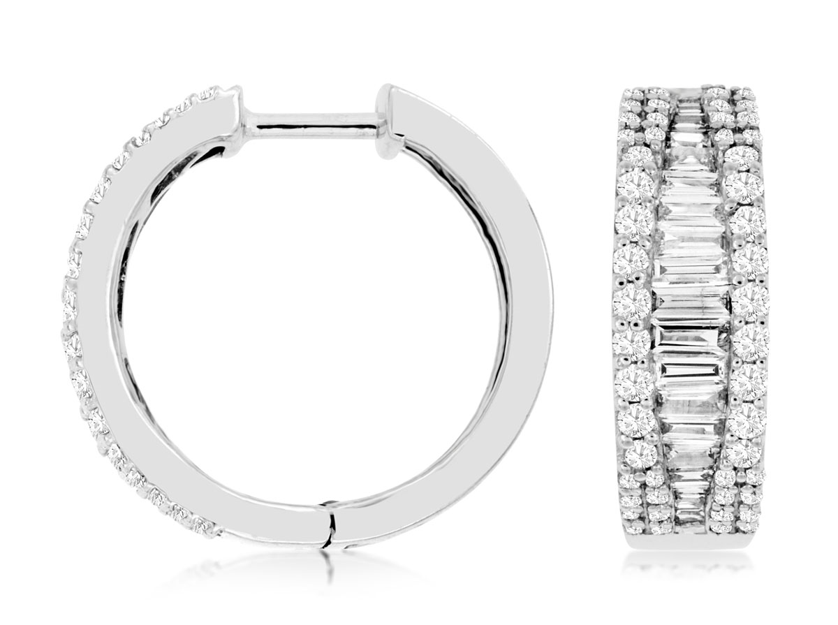 14K WHITE GOLD 19MM 1.28CTTW ROUND AND BAGUETTE I1 CLARITY & HI COLOR DIAMOND HOOP EARRINGS