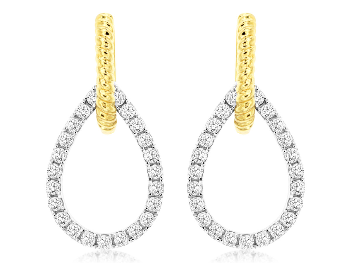 14K YELLOW GOLD ROPE TOP EARRING WITH .51CTTW ROUND I1 CLARITY & HI COLOR DIAMONDS SET IN THE OPEN PEAR SHAPE DROP
