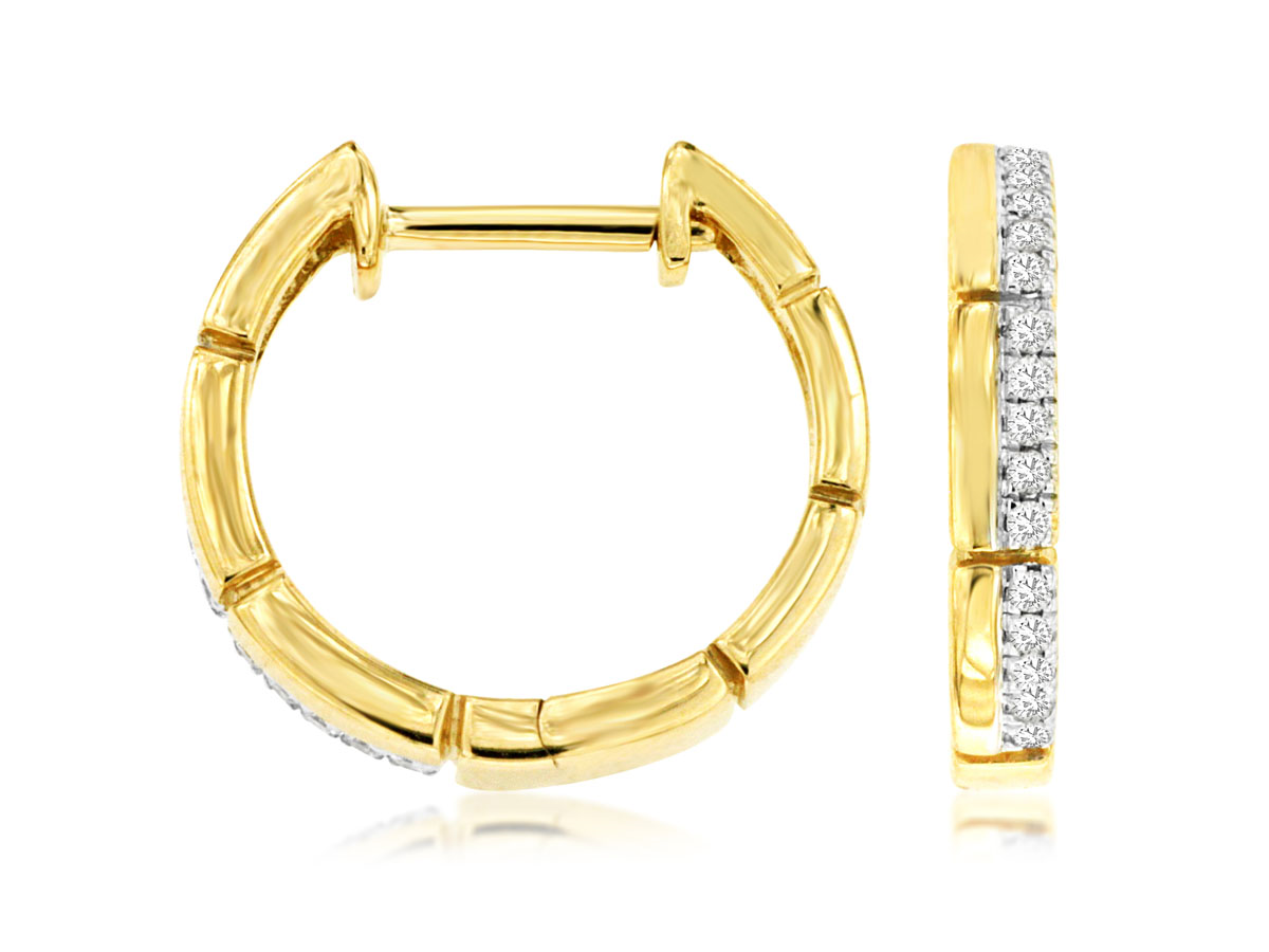 14K YELLOW GOLD 14MM SMALL HOOP EARRINGS WITH .12CTTW ROUND I1 CLARITY & HI COLOR DIAMONDS